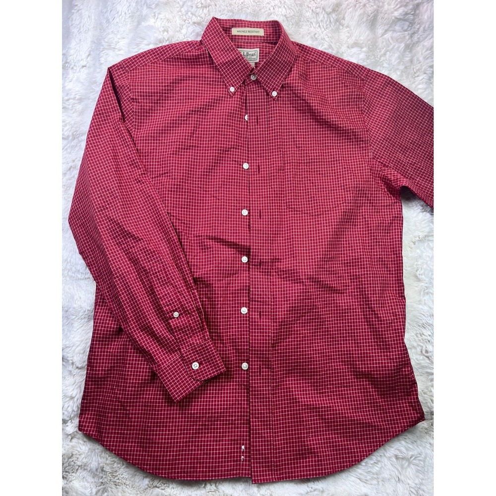 LL Bean Mens Red Micro Grid Wrinkle Resistant Cotton Button Down Shirt M-REG A37